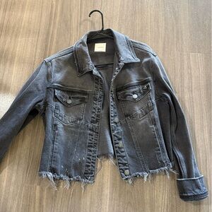 Washed Black Denim Jacket with Frayed Hem